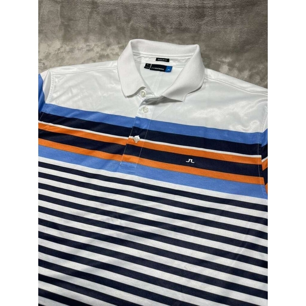 J.Lindeberg Polo Shirt Men's XL White Stripes Short Sleeve Regular Fit Golf